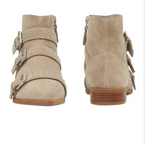 Nine West Seraphim Pointy Toe Studded Taupe Suede Women Booties, Size 8